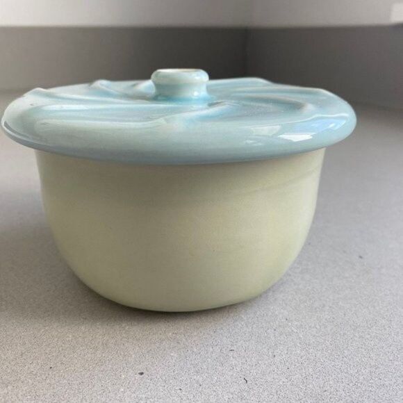 Mid Century Modern Light Green and Teal Ceramic Bowl with Lid - Picture 2 of 7